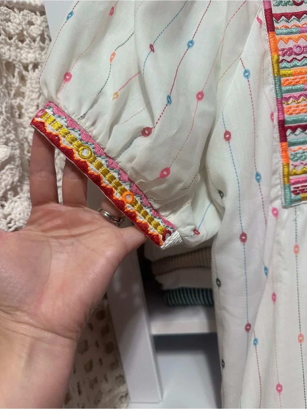 White Boho Embroidered Maxi Dress with Multicolor Trim - Picture 5 of 6